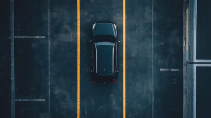 Aerial view of a black car parked between yellow lines in an empty parking lot.