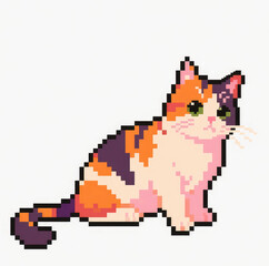 Fototapeta premium Pixel Art Calico Cat Sitting on White Background