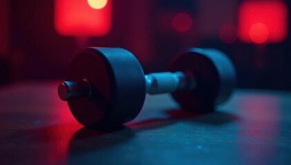 Sharp black dumbbell focus, blurred red blue backdrop , weights, background