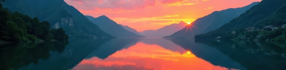 Sunset paints fiery hues on tranquil lake mirroring lush green mountains , pure, outdoor, trees