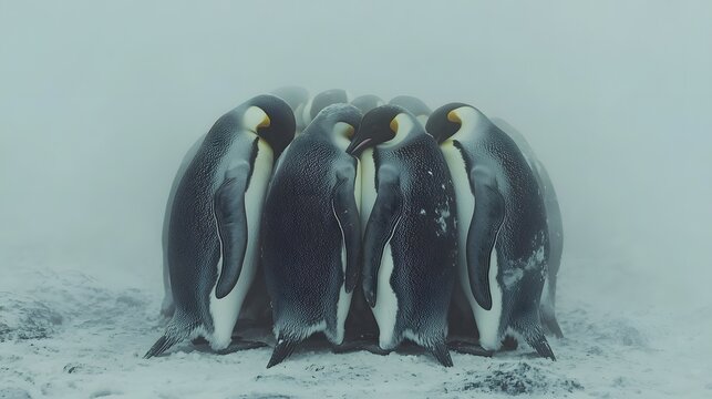 Group of penguins huddled together to keep warm