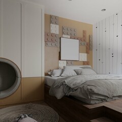 mockup poster in cute and modern  boys bedroom with brown color theme. 3d illustration