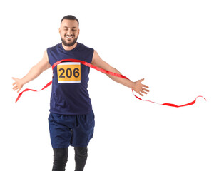 Male runner winning marathon on white background
