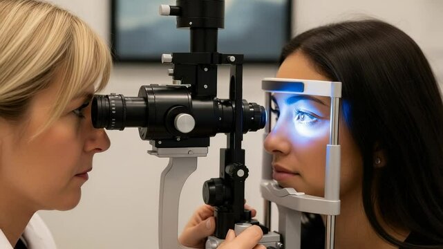 Ophthalmologist is examining a young woman's eyes using a slit lamp biomicroscope, a specialized instrument for detailed eye examinations, ensuring accurate diagnosis and personalized eye care