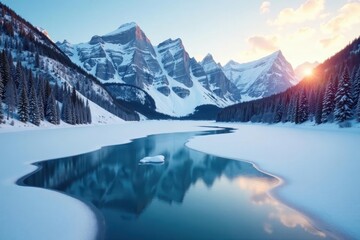 Frozen lake reflects winter SLC skyline, crisp air , image, graphic