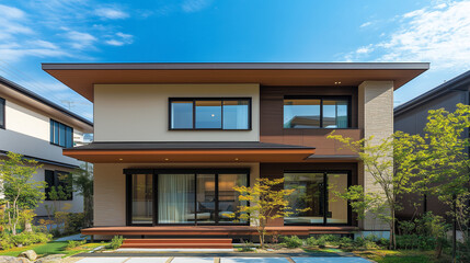 シンプルな日本の二階建て住宅、戸建て住宅 茶色
