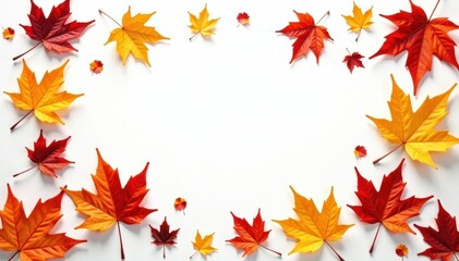Obraz premium Vibrant autumn leaves, various shapes & colors, crisp white backdrop , texture, autumn leaves