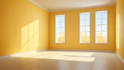 Fototapeta premium Sunlit empty room with vibrant yellow walls and bright daylight ambiance