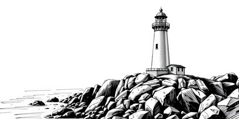 Black and white vector illustration of a lighthouse on a rocky sea coast, sketched landscape style, rocks, artwork © Naksit