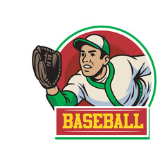 Vector Illustration of Baseball Player Wearing Baseball Gloves with Detailed Retro Cartoon Available for Logo Badge