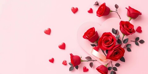 Light pink background, heart-shaped card adorned with red roses, elegant ribbon, and floating hearts,  vector,  image