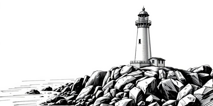 Black and white vector illustration of a lighthouse on a rocky sea coast, sketched landscape style, rocks, artwork