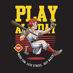 Vector Illustration of Baseball Player Carrying Baseball Bat with Detailed Retro Cartoon Available for Tshirt Design