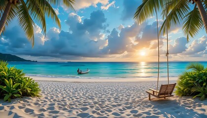 Obraz premium Tropical Beach Scene at Sunset with Swing and Boat on Water
