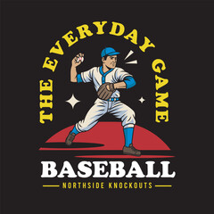 Vector Illustration of Baseball Player Trow Baseball's Ball with Detailed Retro Cartoon Available for Tshirt Design