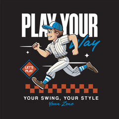 Vector Illustration of Baseball Player Running with Detailed Retro Cartoon Available for Tshirt Design