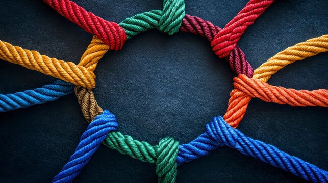 Colorful ropes tied in a circle on dark background, symbolizing unity, teamwork, and connection.