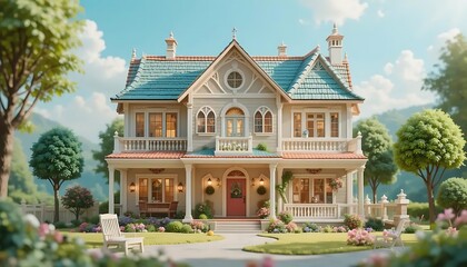 Obraz premium Inviting Home Exterior with Lush Garden and Gentle Sunlight
