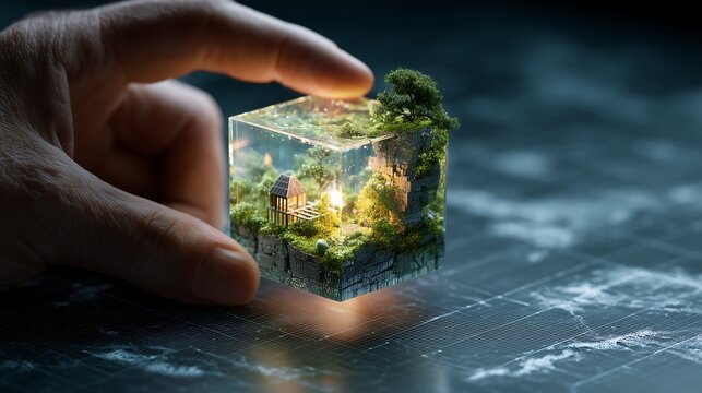 Hand holding a plot of digital real estate in the metaverse. Concept of virtual land ownership, investment in virtual worlds, and NFT assets