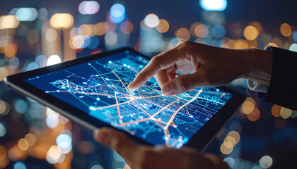 Navigating the Digital City: A close-up of a person interacting with a tablet, displaying an illuminated city map, against a backdrop of a blurred, vibrant cityscape at night.