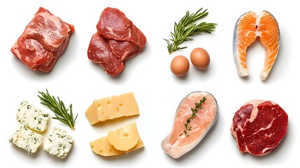 Natural high protein foods on a white background