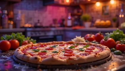 Delicious Pizza with Tomatoes and Basil in Kitchen Setting