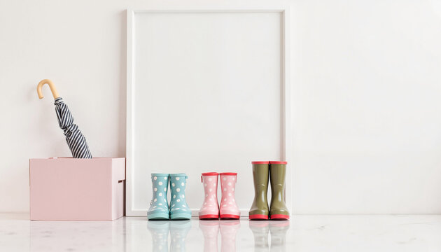 Colorful rain boots and umbrella on white background in hallway  