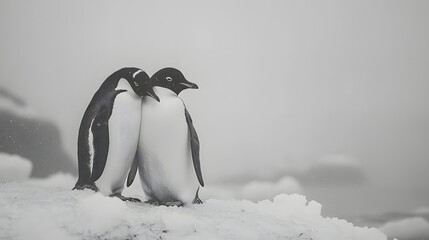 Penguins huddled together on the icy Antarctic landscape