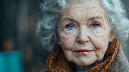 Pensive senior woman with warm scarf gazes with thoughtful expression