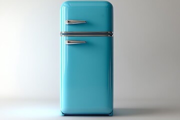 Stylish turquoise retro refrigerator against a minimalist white background in a studio setting