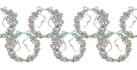 Watercolor seamless border with Christmas wreath eucalyptus and branch of cotton and pine on white background. Frame with copy space. Green blue leaves and bow. New Year rim for wallpaper or wrapping