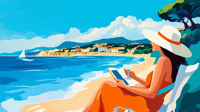 Serene Seaside Escape: Woman Reading on the Beach with Coastal View