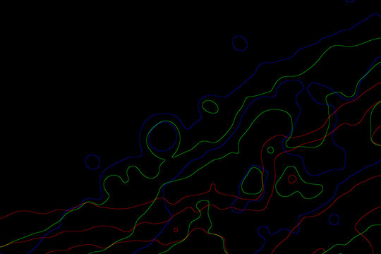 "A black-based contour map displays red, green, blue, and yellow lines showing elevation or intensity values across a two-dimensional surface."

