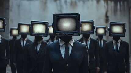 People with TV Heads Symbolizing Mass Media Influence