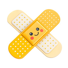 Cheerful yellow bandage, crossed playfully, displays a smiling face. A cute and simple illustration perfect for childrens healthcare, first aid, or wellbeing themes. Bright and friendly design.