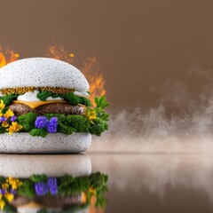 Artistic Gourmet Burger Rendering with Flames and Flowers