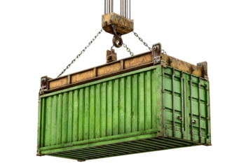 Industrial crane with green container isolated transparent background