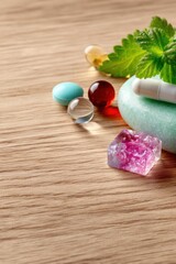 Assorted Pills and Herbs on Wooden Surface