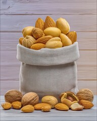 Assortment of Nuts in Burlap Sack on Wooden Background