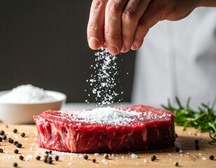 sea salt being sprinkled onto raw marbled steak