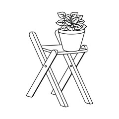 Simple line art illustration of a potted plant on a folding wooden stool