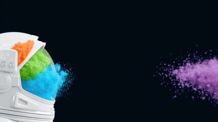 Astronaut Helmet with Colorful Powder Explosion on Dark Background