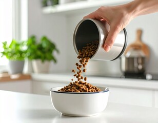 Close-up of hand pouring dry pet food into ceramic bowl
