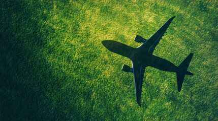 Airplane shadow over green field.