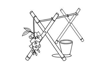 Vector illustration of a bamboo flower stand with a hanging floral arrangement and a pot.