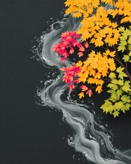 Autumn Leaves and Abstract Water Stream on Dark Background