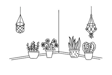 Hand drawn illustration of potted plants and macrame planters in a minimalist interior space.