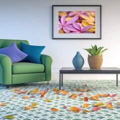 Autumn Leaves Scattered on Green Carpet in Living Room