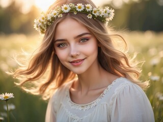 Smiling girl with daisy crown in sunny meadow at golden hour
