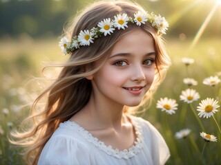 Smiling girl with daisy crown in sunny meadow at golden hour
